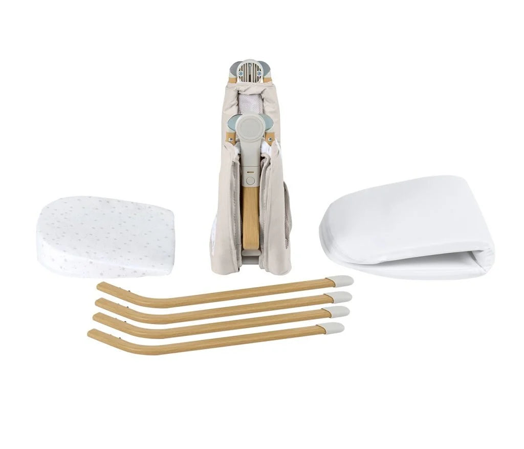 Set of cleaning tools including a mop, scrubber, and cloths on a white background