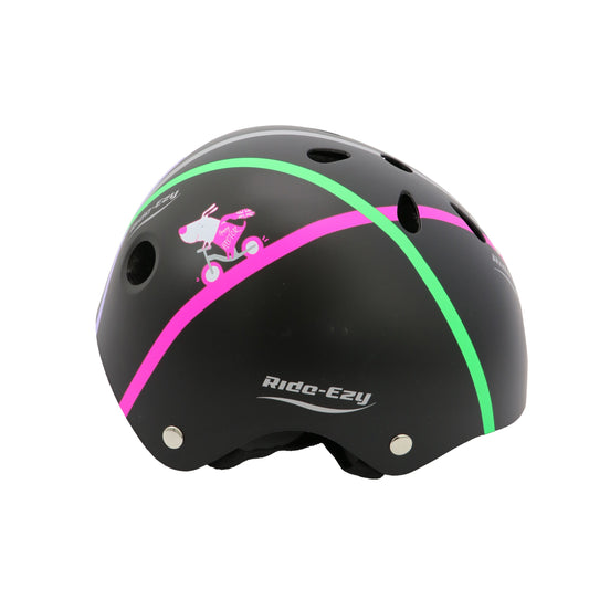 Black helmet with pink and green accents on a white background