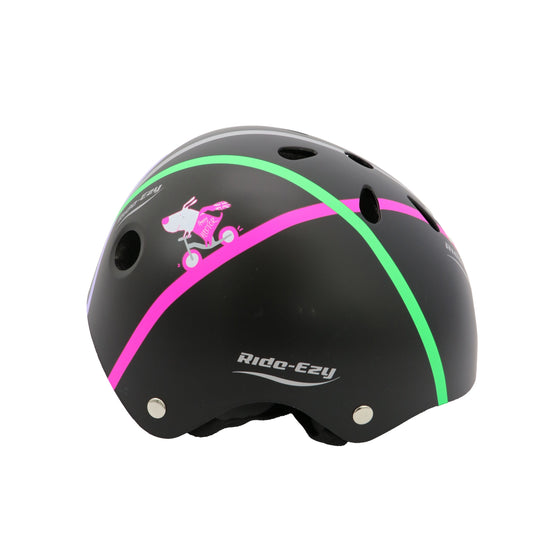 Black helmet with pink and green accents on a white background