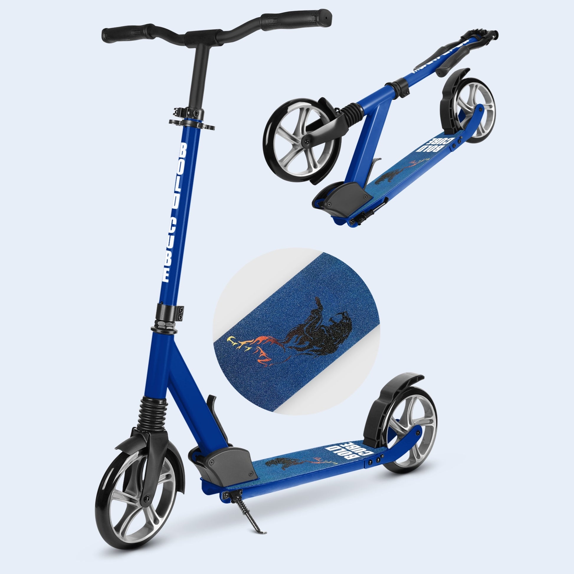 Blue scooter with a close-up of a blue knee pad on a light gray background