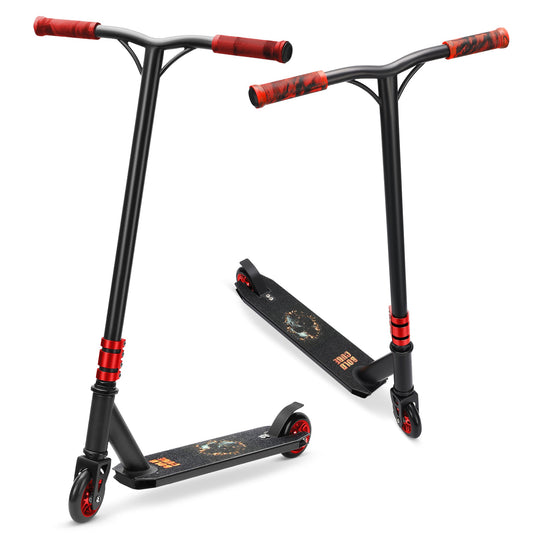 Black scooter with red accents on a white background