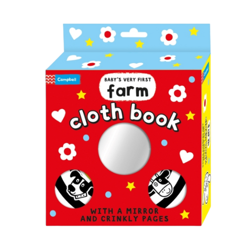 Box of 'Baby's Very First Farm Cloth Book' with a mirror and crinkly pages on a white background.