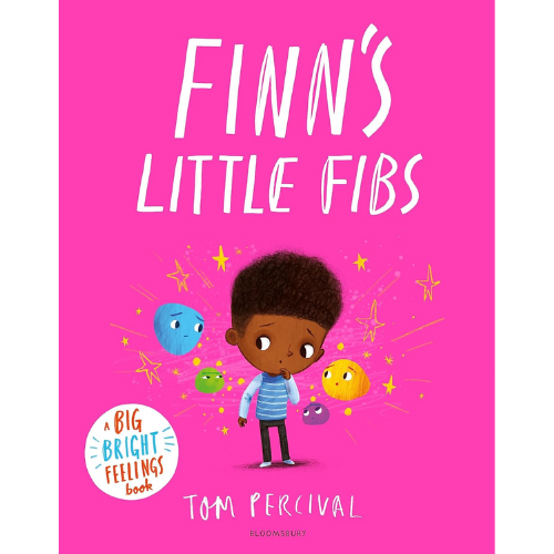 Book cover of 'Finn's Little Fibs' with a child and colorful characters on a pink background