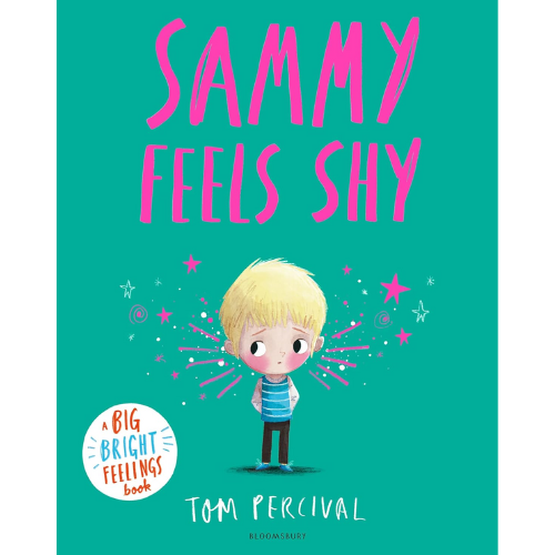 Book cover of 'Sammy Feels Shy' with a child illustration on a teal background