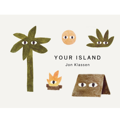 Book cover of 'Your Island' by Jon Klassen with illustrations of a palm tree, sun, and hut on a white background.