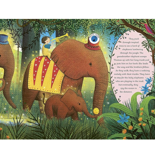 Illustration of elephants in a jungle with a child playing a trumpet, surrounded by foliage and flowers with a press here to play music button