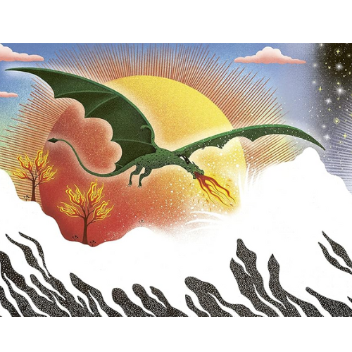 Illustration of a dragon flying over a mountainous landscape with trees and a sunset.