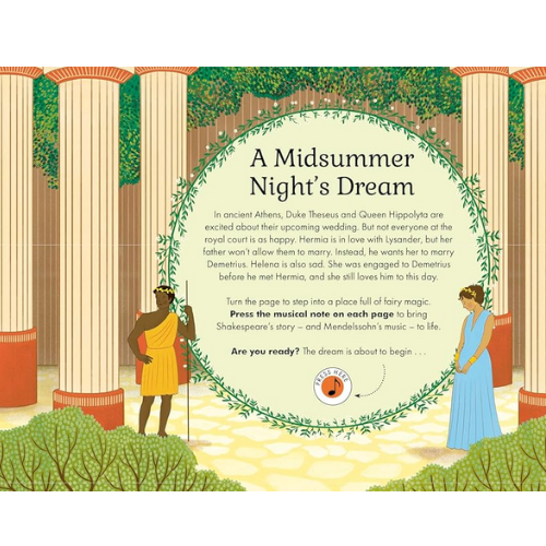 Illustrated book page of 'A Midsummer Night's Dream' with characters and classical architecture.
