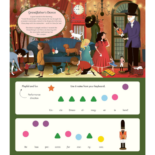 Illustrated page from a children's book with a festive scene, musical elements, and text.