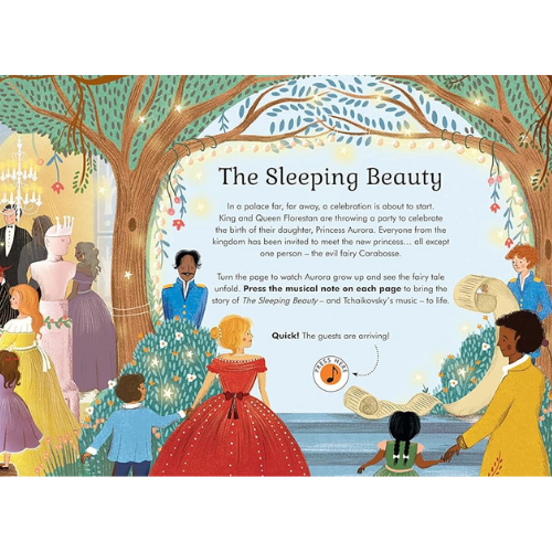 Illustrated book page from 'The Sleeping Beauty' with characters and a tree in the background.