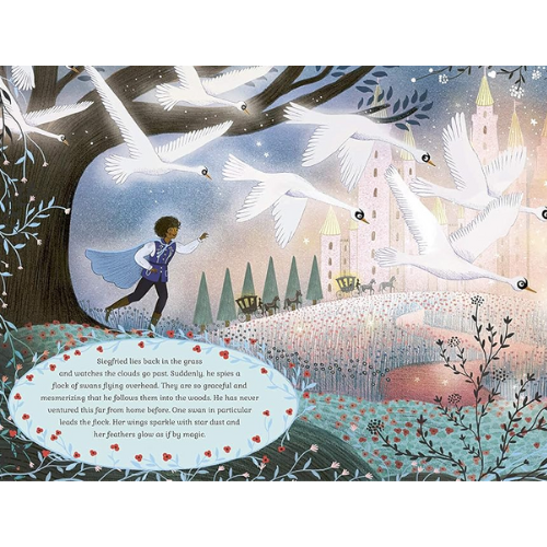 Illustration of a boy with swans in a magical landscape with a castle in the background.