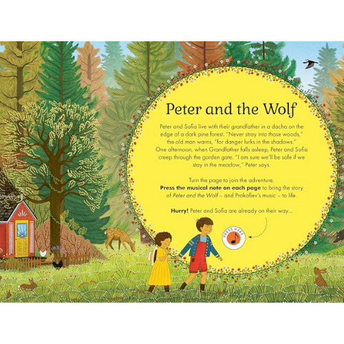 Illustrated book page of 'Peter and the Wolf' with children in a forest setting.