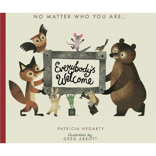 Book cover with illustrated animals around a sign that reads 'Everybody's Welcome' on a beige background.