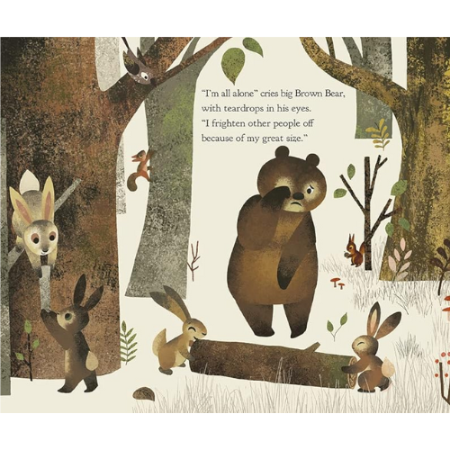 Illustration of a brown bear in a forest with other animals, featuring text.