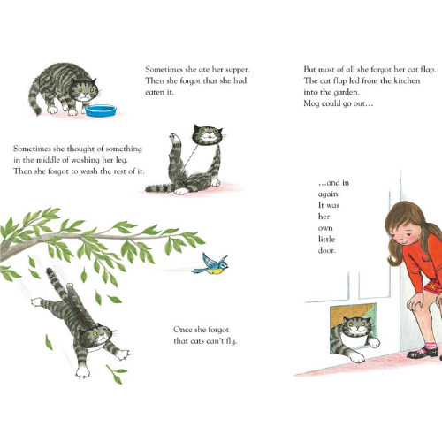 Illustrated page from a children's book with a cat and a girl looking out a door.