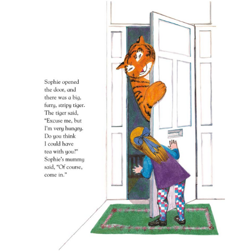 Illustration of a tiger peeking into a house through an open door with text describing the scene.