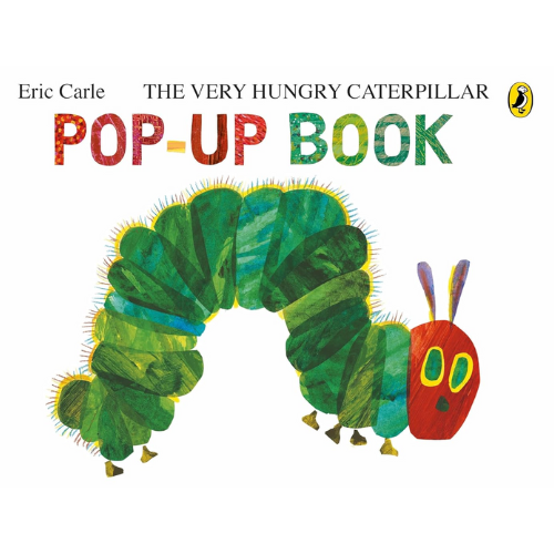 Pop-up book cover featuring a colorful caterpillar illustration on a white background