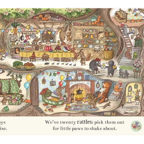 Illustration of a cozy interior with animals and children, featuring a fireplace and various activities.