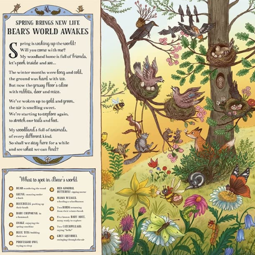 Illustration of a forest scene with animals and flowers, accompanied by text on a yellow background.