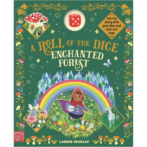 Book cover of 'A Roll of the Dice Enchanted Forest' with colorful illustrations and a dice on a green background.