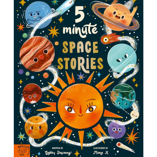 Book cover of '5 Minute Space Stories' with cartoon planets and sun on a dark space-themed background.