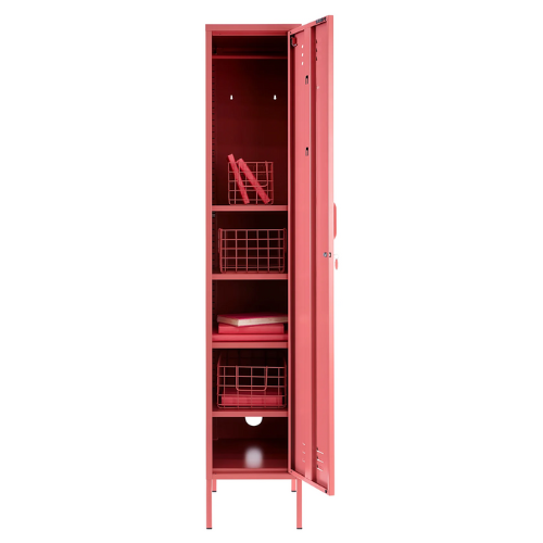 Red locker with open door on a white background