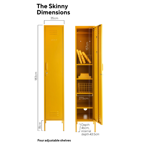 Yellow locker with dimensions labeled on a white background