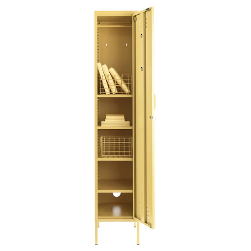 Yellow storage cabinet with open doors on a white background