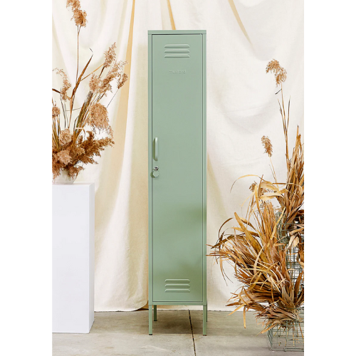 Green metal locker with dried plants on a light background