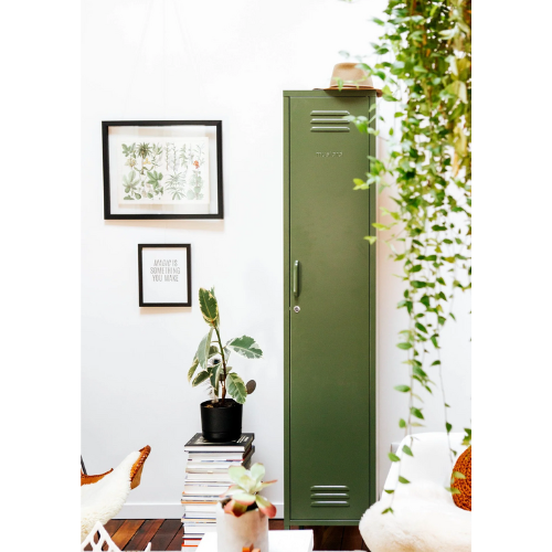 Green metal locker in a room with plants and framed pictures on the wall.