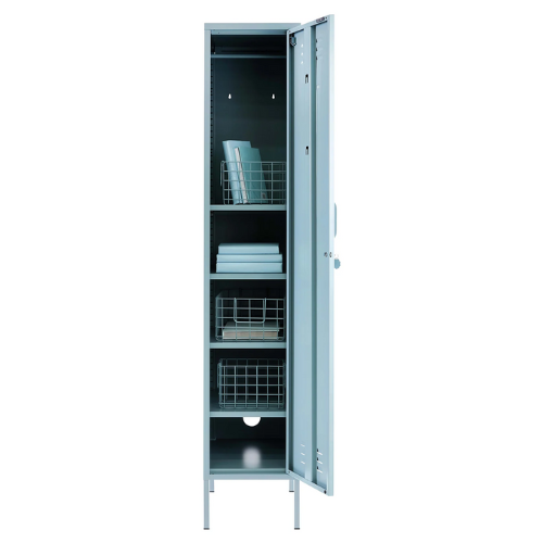 Metal locker with open door on a white background