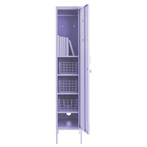 Purple storage cabinet with open door showing shelves and baskets on a white background