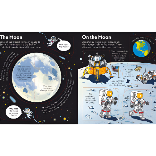 Illustrated book page about the Moon with text and graphics.