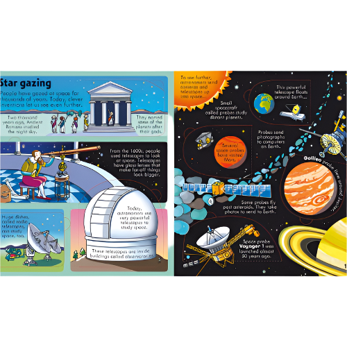 Educational book about astronomy with illustrations of telescopes and space exploration.