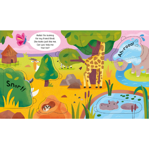 Colorful children's book page with animals and text on a white background