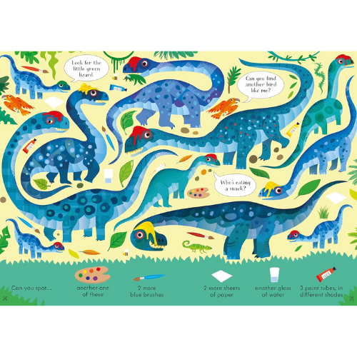 Colourful dinosaur illustration with interactive elements on a yellow background