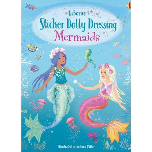 Book cover of 'Sticker Dolly Dressing Mermaids' with mermaids and stickers on a blue background.