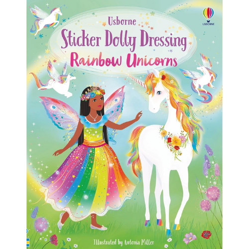 Book cover of 'Sticker Dolly Dressing Rainbow Unicorns' by Usborne with a fairy and unicorn on a colorful background.