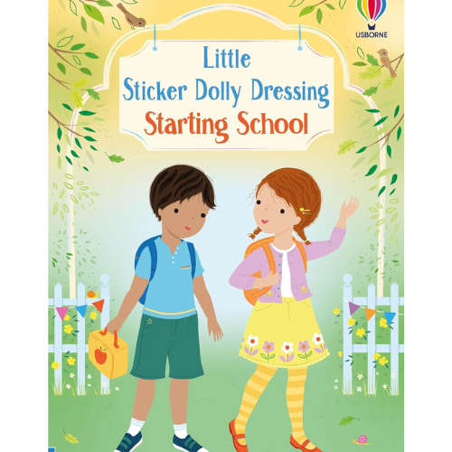 Book cover of 'Little Sticker Dolly Dressing Starting School' with two children and a Usborne logo.