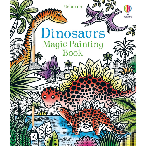 Colourful dinosaur illustration on the cover of 'Dinosaurs Magic Painting Book' by Usborne