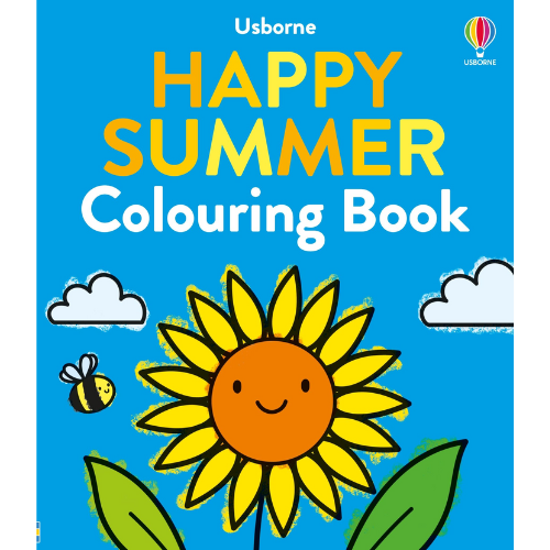 Happy Summer Colouring Book by Usborne with a sunflower and bee on a blue background