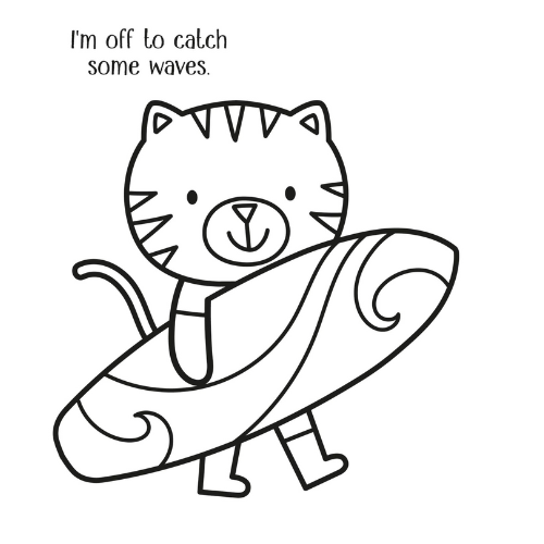 Cat on a surfboard with 'I'm off to catch some waves.' text