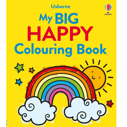 Usborne My BIG HAPPY Colouring Book with a rainbow, sun, and stars on a yellow background