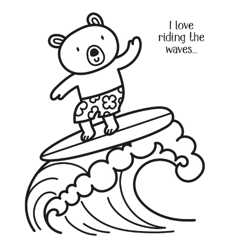 Cartoon bear surfing with text 'I love riding the waves' on a white background