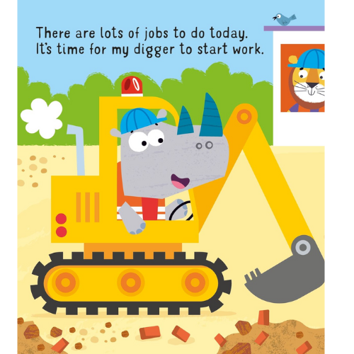 Illustration of a cartoon character in a digger with text about jobs and starting work.
