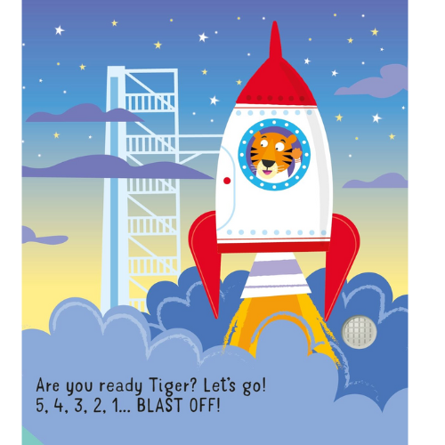 Children's book page with a rocket and tiger character, set against a night sky with stars.