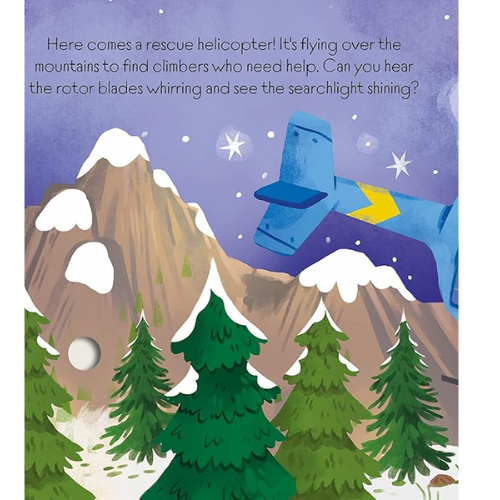 Illustration of a rescue helicopter flying over mountains with text describing its mission.