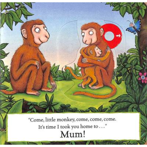 Illustration of two monkeys in a jungle setting with one holding a red circle and text.