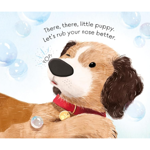 Illustration of a dog with text and bubbles on a light blue background