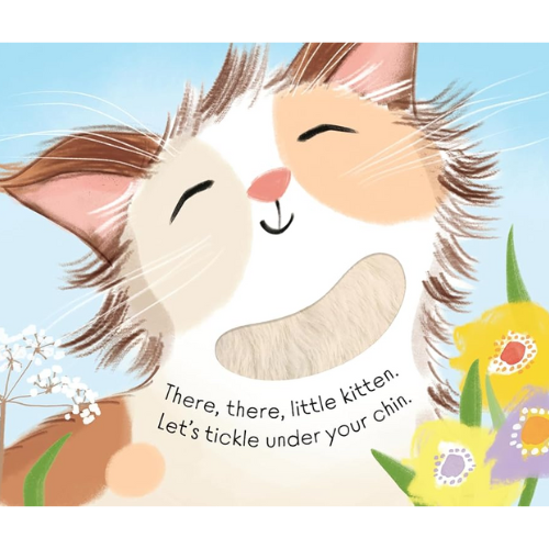 Illustration of a cat with text and flowers on a blue background